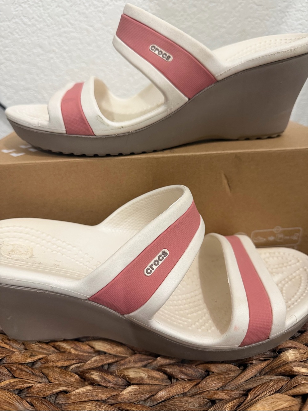 CROCS Women's Pink and White Wedge Sandals with Gray Sole